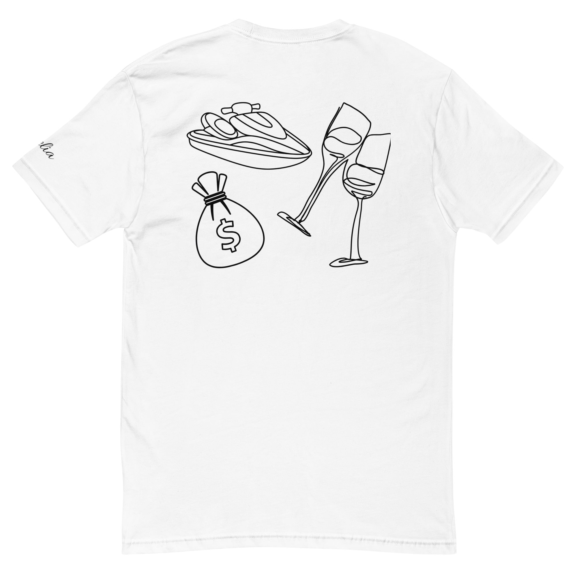 White Svelia Studio T-shirt with graphic print of jet ski, wine glass and money symbols