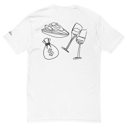 White Svelia Studio T-shirt with graphic print of jet ski, wine glass and money symbols