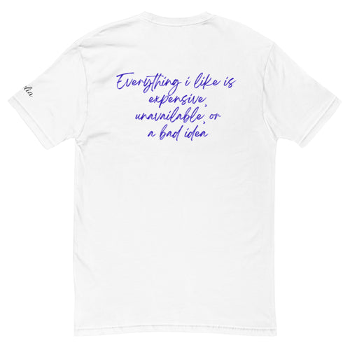 White Svelia Studio T-shirt with blue text print design